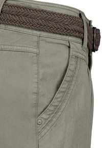 Khaki pants with a braided brown fabric belt. The fabric is smooth with a slight sheen; features a side pocket and stitched detailing.