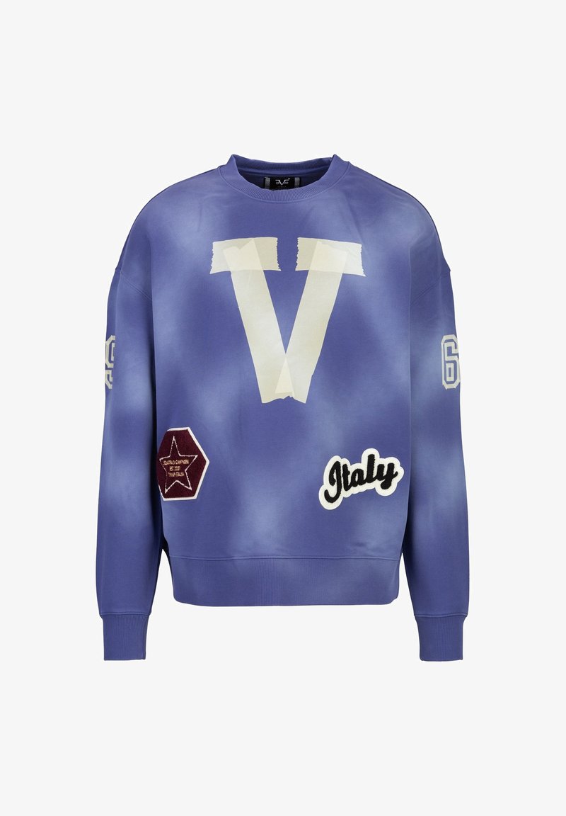 Lila Sweatshirt mit weißem "V"-Design, Stoffapplikationen und bedruckten Akzenten wie "Italien" und einem Sternmuster. Weicher Stoff und lässige Passform.