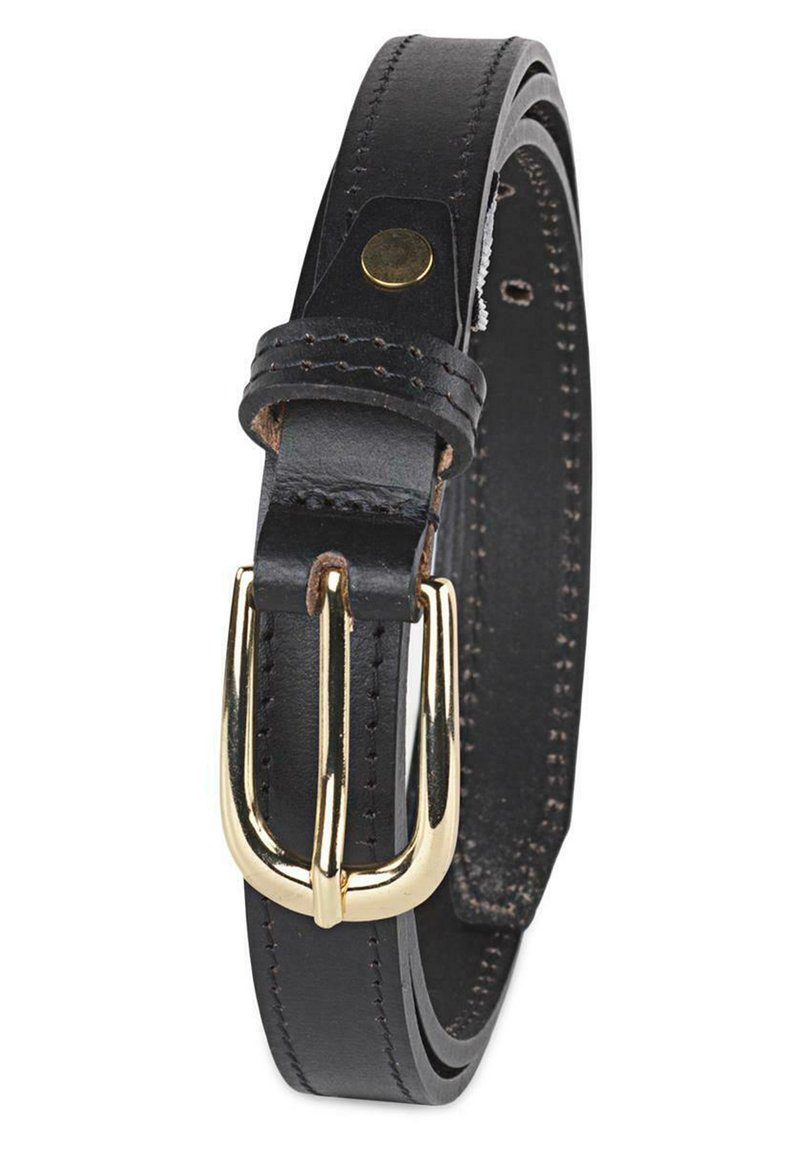 Cinturón de cuero negro con textura suave, que presenta una hebilla de metal dorado y acentos de hardware dorado. Detalles de costura a lo largo de los bordes.