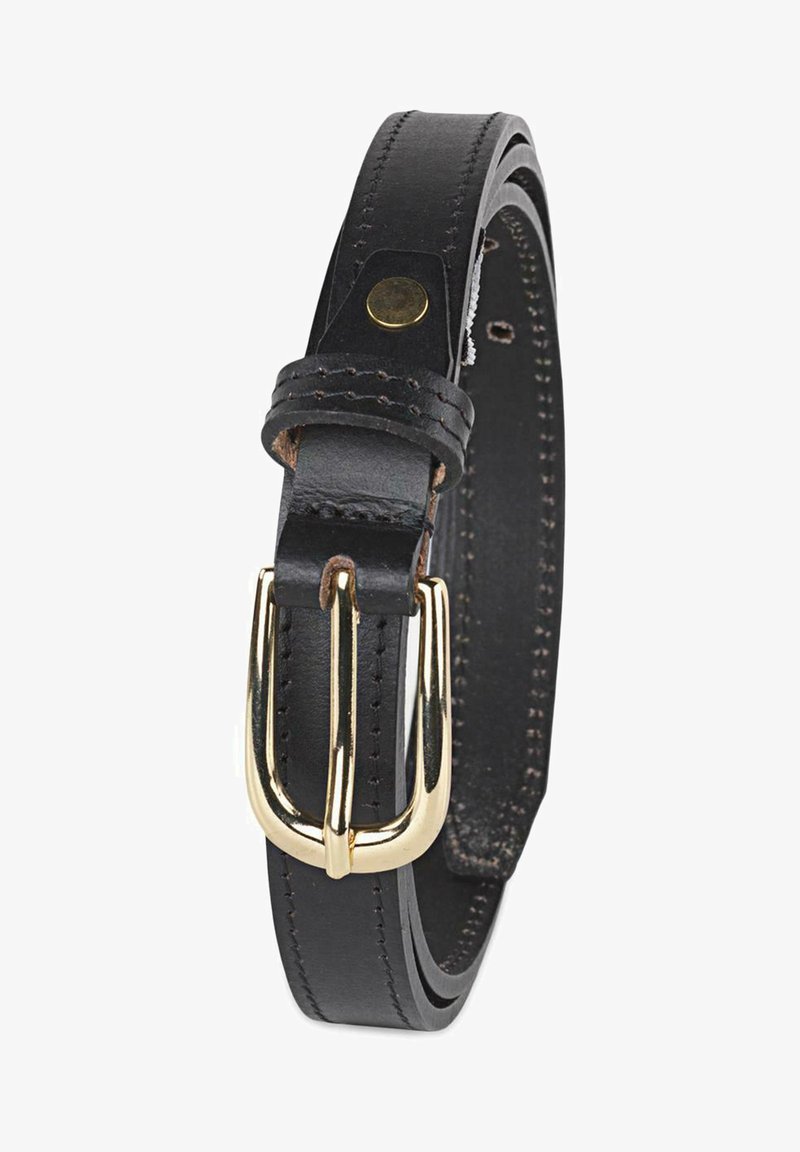 Cinturón de cuero negro con textura suave, que presenta una hebilla de metal dorado y acentos de hardware dorado. Detalles de costura a lo largo de los bordes.