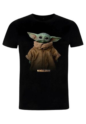 Black t-shirt featuring a graphic of a green character with large ears, wearing a brown robe, with "The Mandalorian" text below.