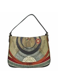 Sac à bandoulière avec un extérieur en textile à motifs présentant des cercles concentriques dans des tons terreux, rehaussé de détails floraux et textuels. Bandoulière noire.