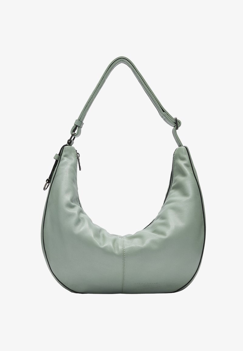 Grüne Leder-Schultertasche mit einer geschwungenen, gepolsterten Form und kontrastierenden schwarzen Kanten. Verfügt über einen einzelnen verstellbaren Riemen und einen Reißverschluss.
