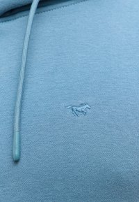 Jasnoniebieska bluza z kapturem z pasującym sznureczkiem i małym wyszywanym logo konia na piersi.