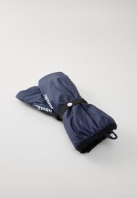 Guanti resistenti all'acqua di un profondo blu navy con una texture liscia. Presentano un cinturino nero e una chiusura a bottone. Il nome del marchio "TRETORN" è visibile.