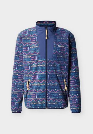 Fleece jacket in navy with multicolor geometric patterns. Features a high collar, full zipper, and two front pockets with contrasting zippers.