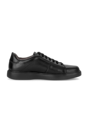 Black leather sneaker with black laces, low profile, smooth finish, and a thick black sole, shown from the side on a white background.