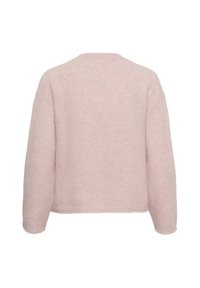 Pull rose doux à manches longues, vu de dos, avec un col rond et une coupe ample et décontractée.