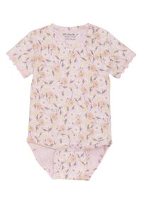 Różowy bodysuit z organicznej bawełny, z krótkimi rękawami, w kwiatowy wzór w pastelowych kolorach, z koronkowym wykończeniem na rękawach i zatrzaskami na dole.