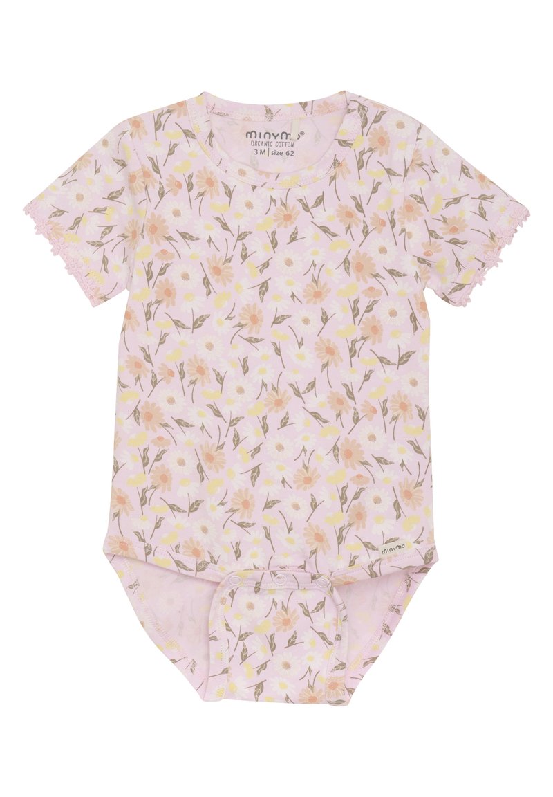 Różowy bodysuit z organicznej bawełny, z krótkimi rękawami, w kwiatowy wzór w pastelowych kolorach, z koronkowym wykończeniem na rękawach i zatrzaskami na dole.
