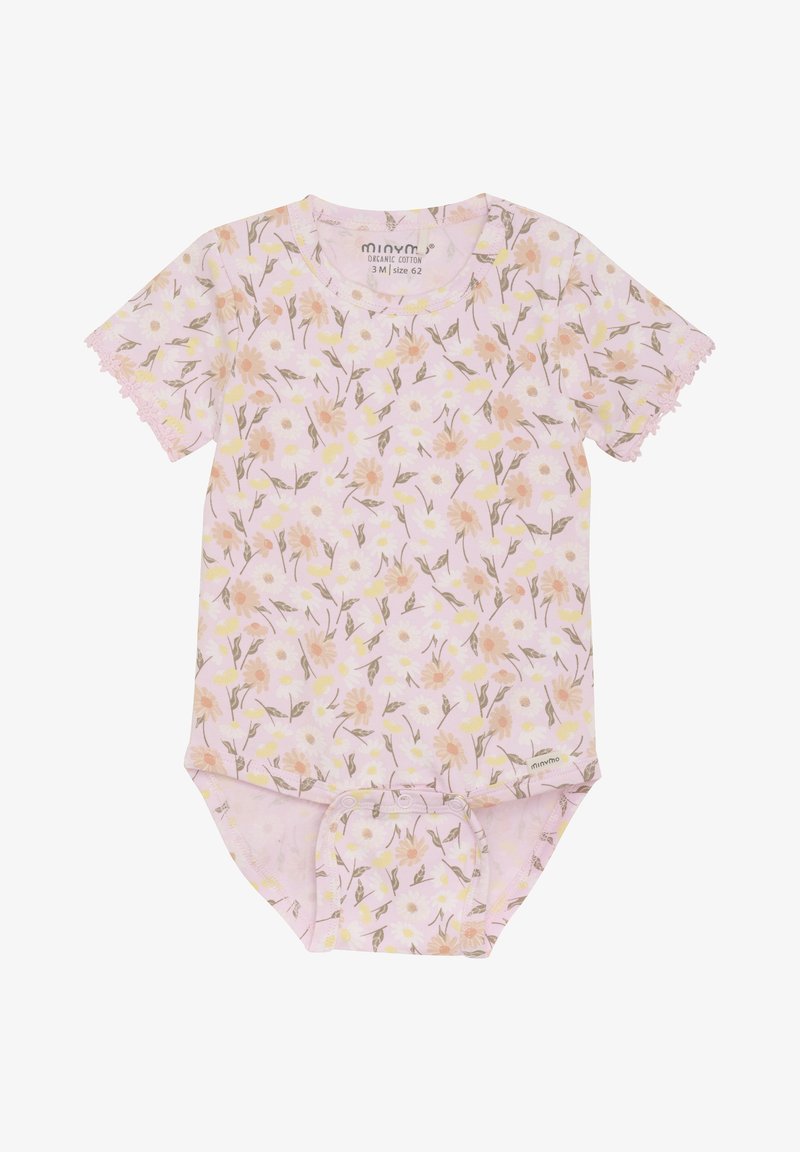 Roze biologisch katoen rompertje met korte mouwen, bloemenprint in pastelkleuren, kantafwerking op de mouwen en drukknoopjes aan de onderkant.