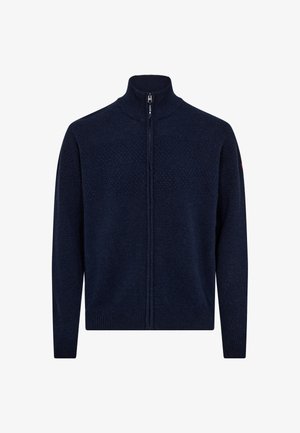 Marineblå zip-up sweater med høj krave, struktureret krop, ribbede manchetter og kant. Har et lille logo på ærmet.