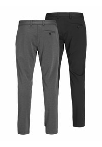 Gray and black pants with a tailored fit. Both have a smooth texture, belt loops, back pockets, and small buttons for closure.