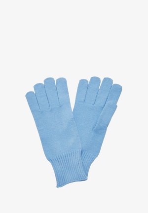 Blaue gestrickte Handschuhe mit gerippten Bündchen, die fünf separate Fingerabteilungen aufweisen. Das Material scheint weich mit einer glatten Textur zu sein.