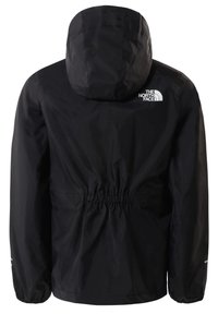 Černá voděodolná bunda s kapucí, elastickým stahováním v pase a logem na horní části zad. Hladký povrch a dlouhé rukávy s elastickými manžetami.