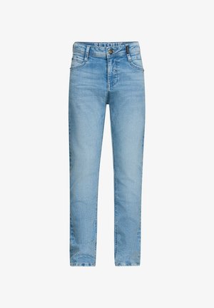 Lichtblauwe denim jeans met een slim fit, vijf-pocket ontwerp, gestikte details en een metalen knoopsluiting.