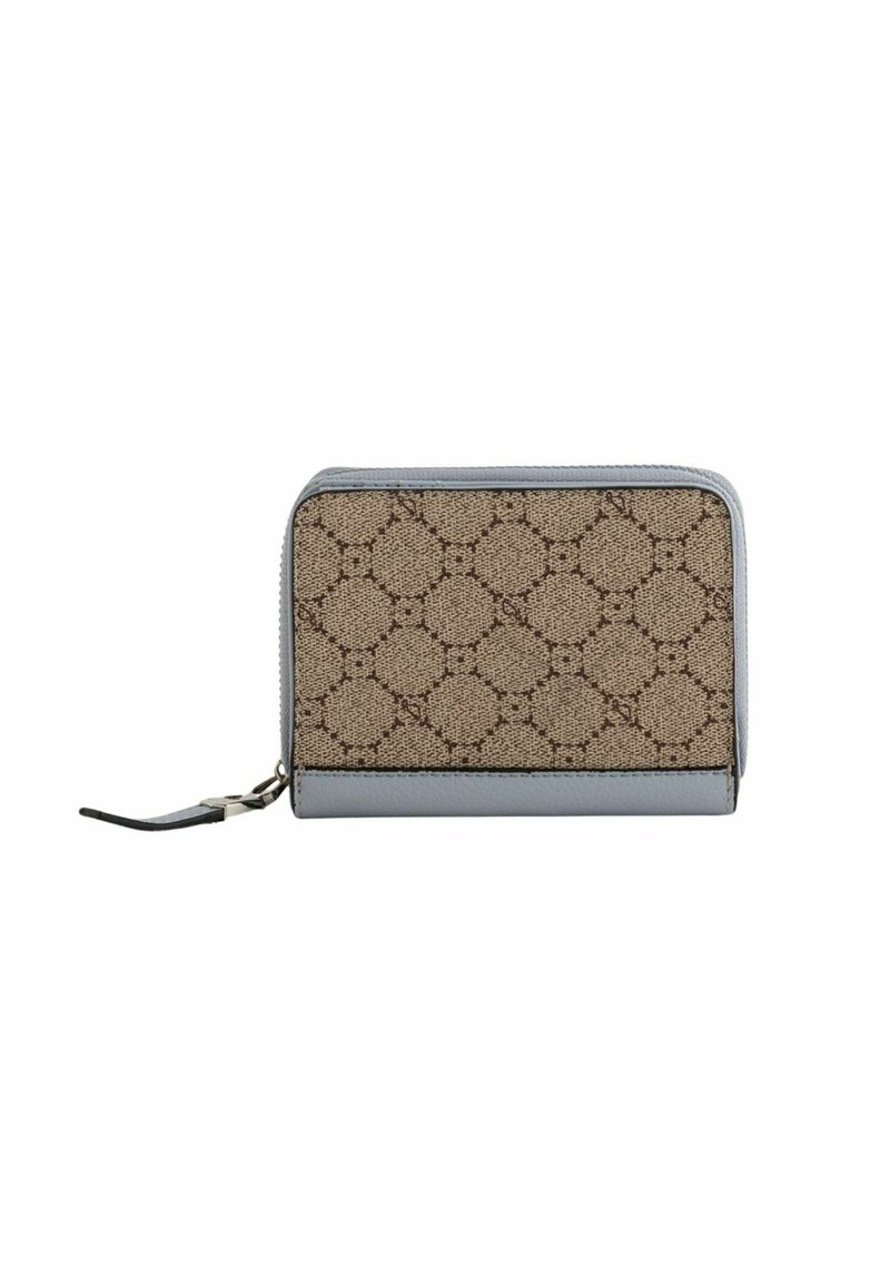 Brown patterned wallet with beige textile front, gray leather sides, and silver zipper pull. Compact and rectangular shape.