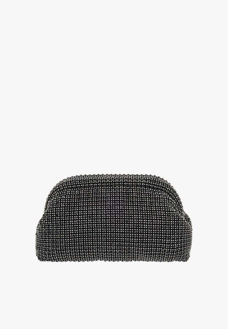 Schwarze geflochtene Clutch mit metallischen Akzenten. Abgerundete Form, strukturierte Oberfläche und geraffter oberer Teil. Kompaktes Design, geeignet für den Abendgebrauch.