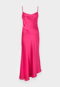 Fuchsia satin dress with thin spaghetti straps, a V-neckline, and a flowing A-line silhouette featuring diagonal seam detailing.
