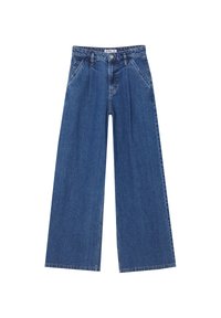Vidbenade jeanstroser i medelblått. Med hög midja, veck framtill, fem fickor och en ren, sydd fåll.