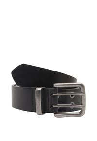 Zwarte leren riem met een matte zilveren gesp en twee tanden. Voorzien van een afgeronde punt en zichtbare stiksels langs de randen.