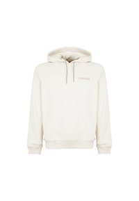 Lichtgekleurde hoodie van zachte stof met verstelbare trekkoord, ribbelboorden en -onderkant, met een subtiel logodetail op de borst.