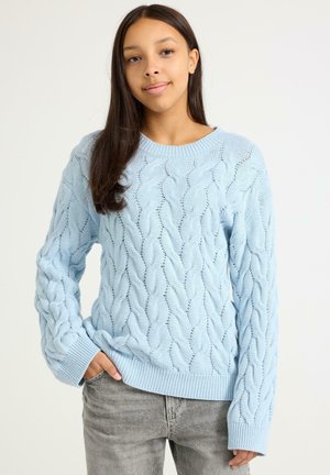 Světlomodrý svetr s kabelovým vzorem, kulatým výstřihem, dlouhými rukávy a žebrovanými manžetami. Jemná textura a vzdušný otevřený vzor po celém svetru.