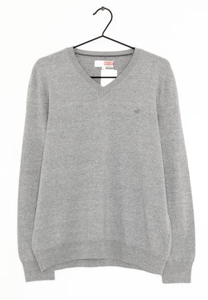 Grauer Strickpullover mit V-Ausschnitt, langen Ärmeln und gerippten Bündchen und Saum. Mit kleinem Logo auf der Brust.