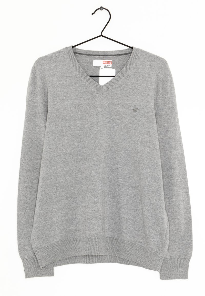 Šedý pletený svetr s V-výstřihem, dlouhými rukávy a ribbovanými manžetami a spodním lemem. Na hrudi je malá nášivka s logem.