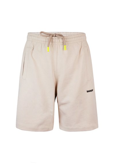 Scurturi bej dintr-un amestec de bumbac, cu un tiv de talie ajustabil cu șnur de culoare galben neon și buzunare laterale. Detaliu cu logo negru pe picior.