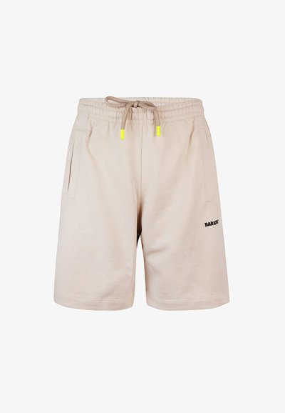 Scurturi bej dintr-un amestec de bumbac, cu un tiv de talie ajustabil cu șnur de culoare galben neon și buzunare laterale. Detaliu cu logo negru pe picior.