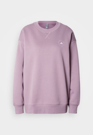 Fialová mikina vyrobená z mäkkej tkaniny, s okrúhlym výstrihom, rebrovanými manžetami a malým potlačeným logom na hrudi.