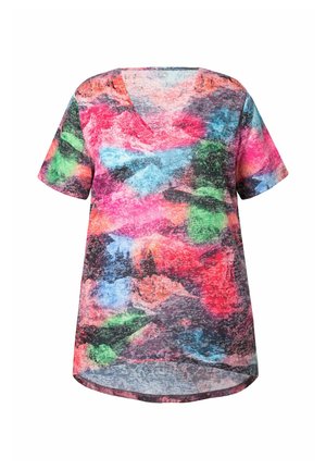 Kurzärmliges V-Ausschnitt-Shirt mit einem mehrfarbigen abstrakten Design in Pink, Grün, Blau und Schwarz; leichtes, strukturiertes Gewebe.