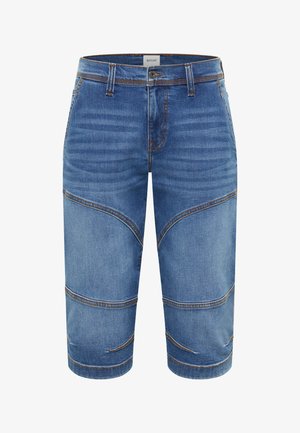 Kék farmer térdig érő rövidnadrág ívelt varrásmintákkal és elülső zsebekkel, gombos és cipzáras záródással.