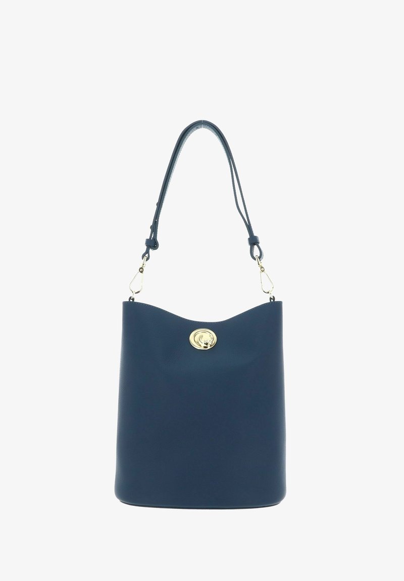 Sac seau bleu marine avec bandoulière ajustable et fermeture à tourniquet dorée, finition en cuir lisse.