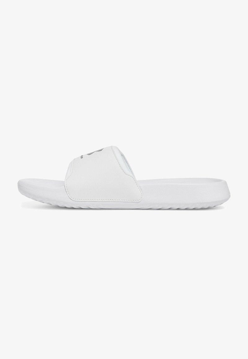White slide sandal with a single wide strap, made from smooth synthetic material, featuring a textured sole and minimalistic design.
