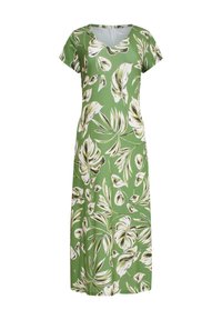 Groene bloemen maxi-jurk met korte mouwen, voorzien van witte en donkergroene bladvormen, een V-halslijn en een zachte, gladde textuur.