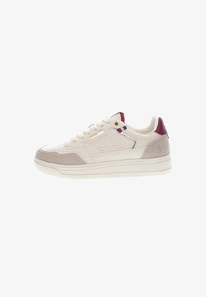 Sko med en cremefarvet læderoverdel og taupe ruskindsdetaljer, rund tå, polstret krave og lilla hæl flap. Diskrete perforeringer på siderne.