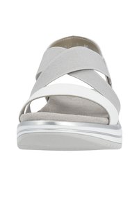 Gray and white slide sandal featuring cross straps, synthetic material, soft insole, and a silver-accented low heel.