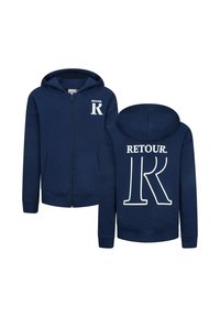 Marineblauwe ritshoodie van zachte stof, met een wit logo op de borst en een groter logo op de rug. Inclusief voorzakken.