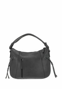 Sac à bandoulière en cuir gris foncé avec une texture lisse, une forme incurvée et une poche frontale zippée avec des accents de cordon de serrage.