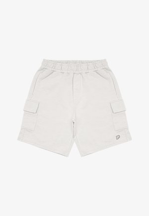 Šviesiai pilki cargo šortai, pagaminti iš minkštos medžiagos, su elastingu juosmeniu, dviem šoninėmis kišenėmis ir maža logo priekyje.