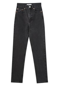 Pantalones vaqueros de mezclilla negra con corte recto, diseño de cinco bolsillos, cierre de botón y detalles en hardware cobre. Textura suave, mínimo de decoloración.
