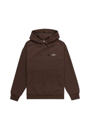Brown hooded sweatshirt made of soft fabric, featuring a kangaroo pocket, drawstring hood, and small white logo on the chest.