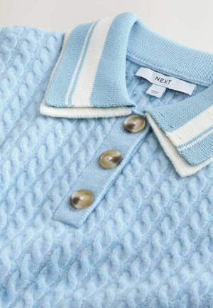 Tricou polo albastru deschis, tricotat, cu un model texturat, guler cu dungi albe și albastre, fente cu trei nasturi maro, material moale.
