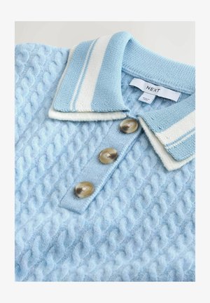 Tricou polo albastru deschis, tricotat, cu un model texturat, guler cu dungi albe și albastre, fente cu trei nasturi maro, material moale.