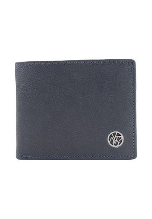Portafoglio bifold in pelle grigio scuro con bordi cuciti e piccolo logo circolare argento nell'angolo inferiore destro.