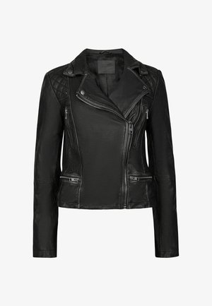 Black leather biker jacket with asymmetrical zippers, quilted shoulder accents, and a slim fit. Features two zipped pockets and a notched collar.
