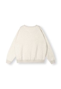 Hellgrauer Sweatshirt mit entspanntem Schnitt, Rundhalsausschnitt und langen Ärmeln. Rippbündchen und -saum, weiche Textur, keine sichtbaren Muster.