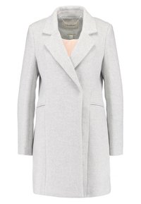 Cappotto in lana grigio chiaro con colletto a risvolto, chiusura a un bottone, due tasche frontali e un motivo a houndstooth testurizzato.
